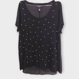 INC Womens Tee Sz 1X  Black White Pearls Short Sleeves Chiffon Back Holiday Glam